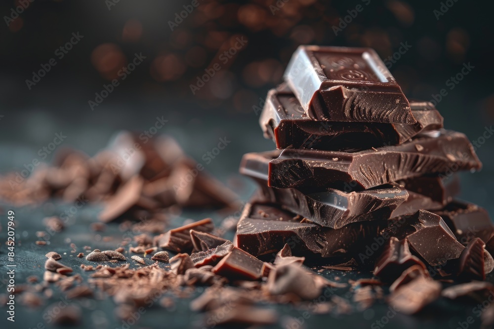 Pile of broken grated chocolate with pieces chunks on a dark background, in macro photography style. Pile of broken grated chocolate with pieces chunks on a dark background, in macro photography style.