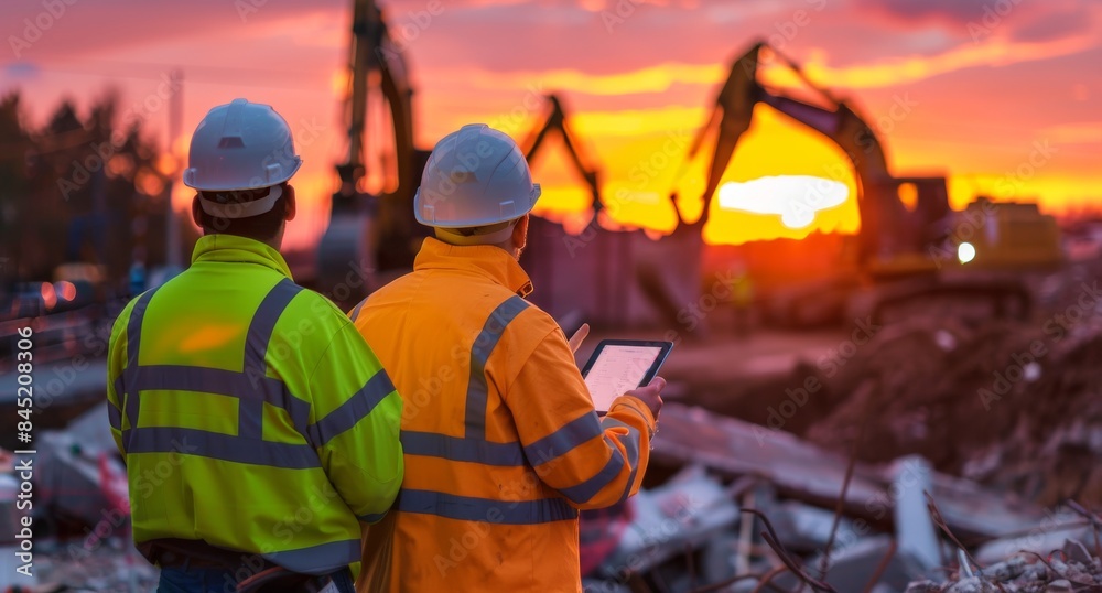 Two construction workers wearing yellow and orange hi visibility safety jackets and white hard hats, one holding an iPad in their hand while pointing at something on the screen with a finger Two construction workers wearing yellow and orange hi visibility safety jackets and white hard hats, one holding an iPad in their hand while pointing at something on the screen with a finger