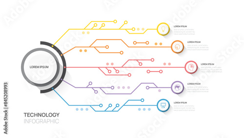 Infographic Circuit board technology template. 5 step design, digital marketing data, presentation vector infographics.