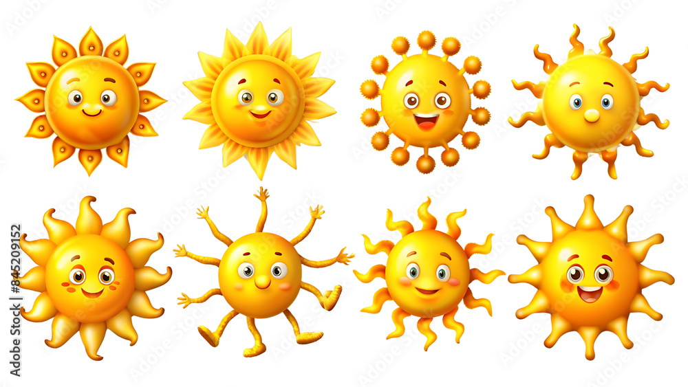 Obraz premium Set Of Cartoonish Sun Isolated On Transparent Background, Collection Of Cartoonish Sun 