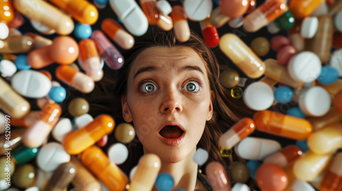 Young girl surrounded by an array of pills and medecine, looking surprised and shocked with wide eyes. Drug abuse and addiction concept