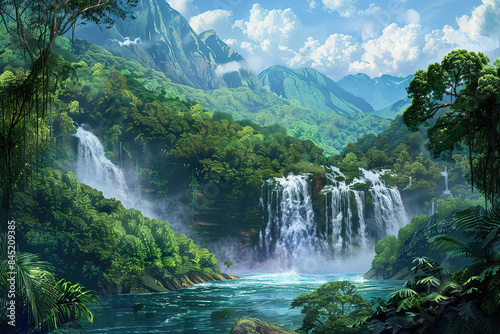 Generative ai on theme of beautiful majestic waterfall in natural nature, national park attraction