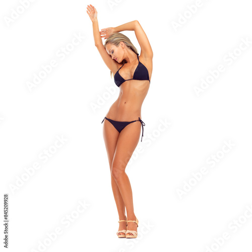 Studio, fashion and woman in bikini with confidence, style or relax in high heels on mockup space. Swimwear, model and model in sexy underwear or lingerie for holiday or vacation in white background