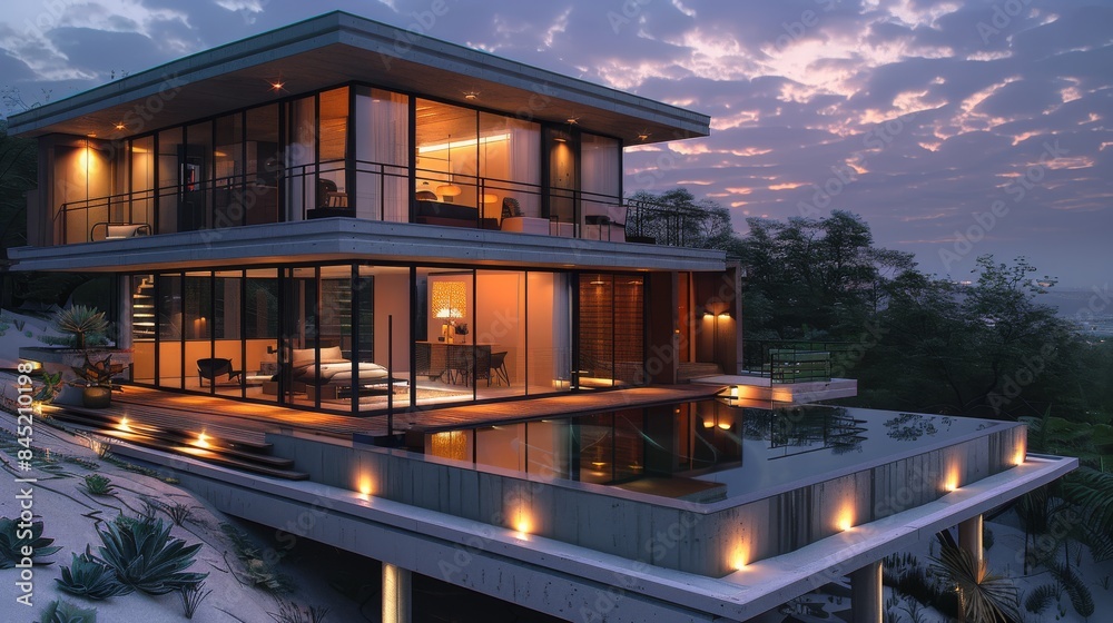 Fototapeta premium Modern vacation stilt house on tall concrete stilts with above-ground concrete hot tub on deck, led accent lighting. Generative AI.