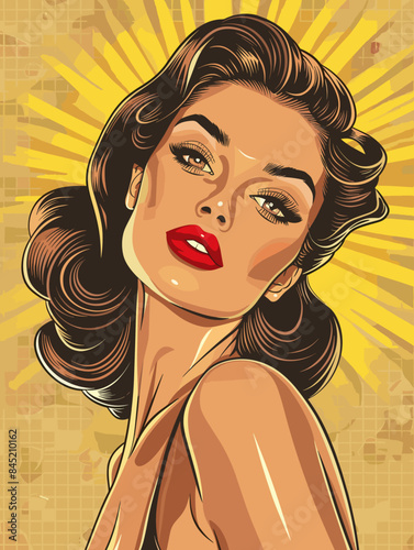 Retro style portrait of pop art pin-up attractive brunette woman