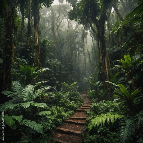 Discover the Tropical Rainforest s Hidden Secrets              Background  A dense  mysterious tropical forest with hidden paths.  