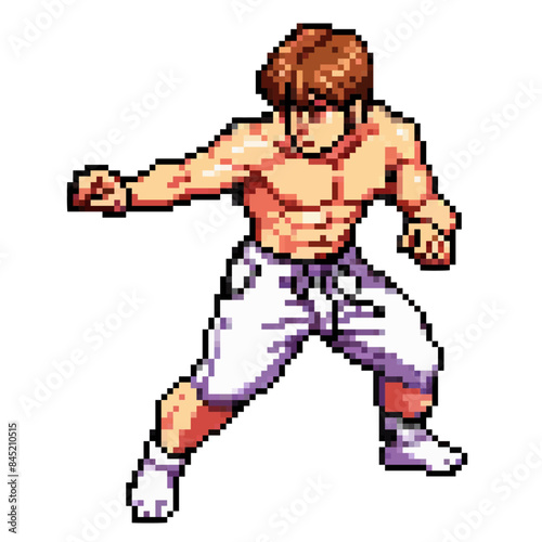 A black belt karate exponent, a young kung fu fighter, a martial arts expert, fist clench, ready to fight. Vector pixel art, 2D clipart illustration, isolated on transparent background. photo