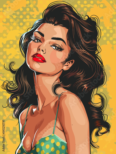 Retro style portrait of pop art pin-up attractive brunette woman