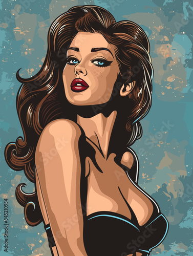 beautiful brunette woman with long hair , retro style pop art pin up, flat vector illustration