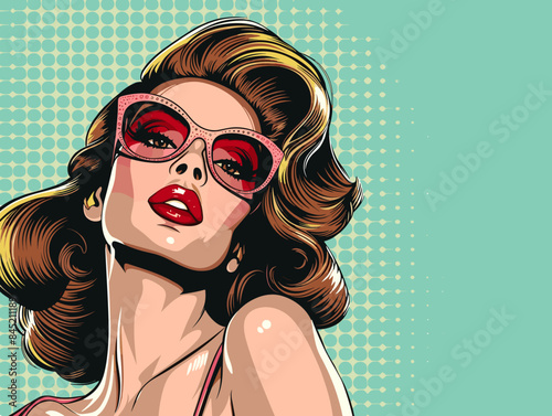 Retro style portrait of pop art pin-up attractive brunette woman