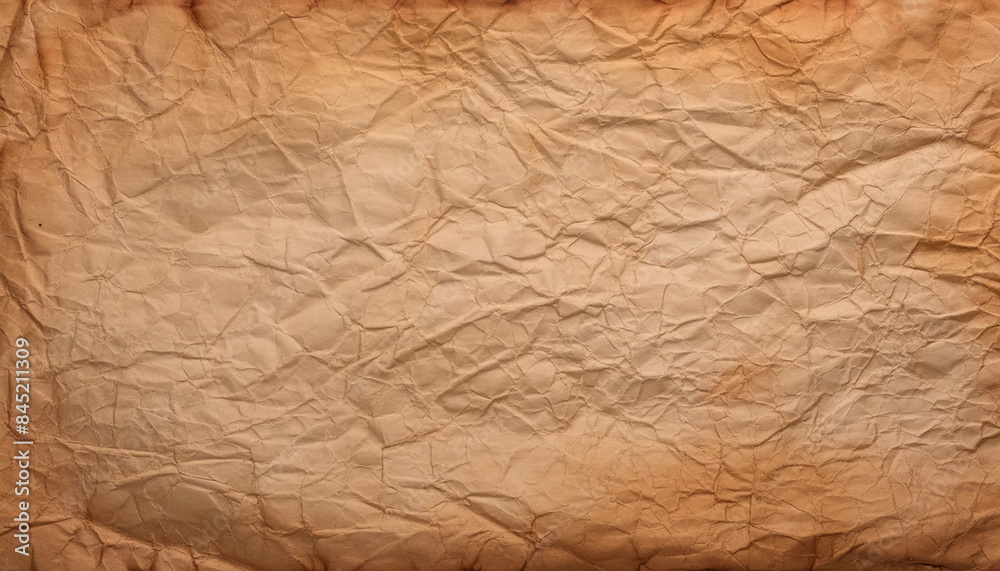 a sheet of aged parchment brown paper texture, wrinkled, creased, old, weathered, historical or antique backgrounds.