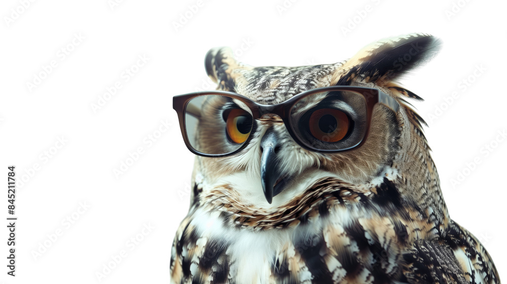 Obraz premium Owl with glasses on white isolated transparent background