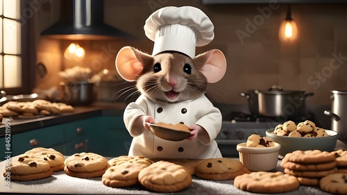 Mice wear chef hat baking cookies photo