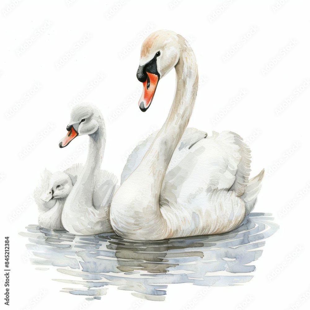 Fototapeta premium Beautiful watercolor clipart depicting a graceful swan family