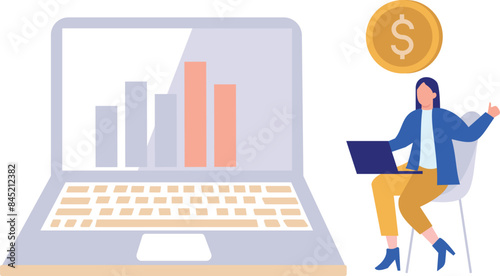 A girl is working on graph analysis on a laptop.