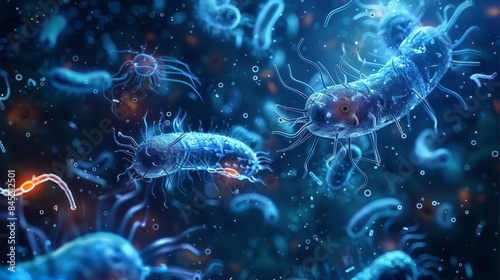 A geometric design of many microbes and unicellular organisms. Blue glow on dark background. Generative AI. photo