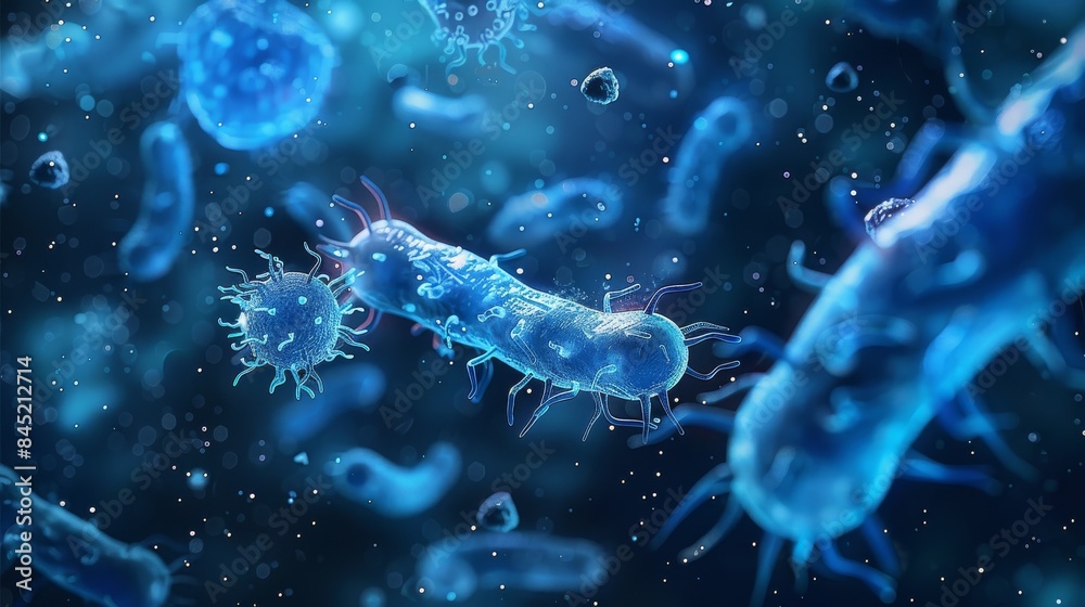 Obraz premium A geometric design of many microbes and unicellular organisms. Blue glow on dark background. Generative AI.