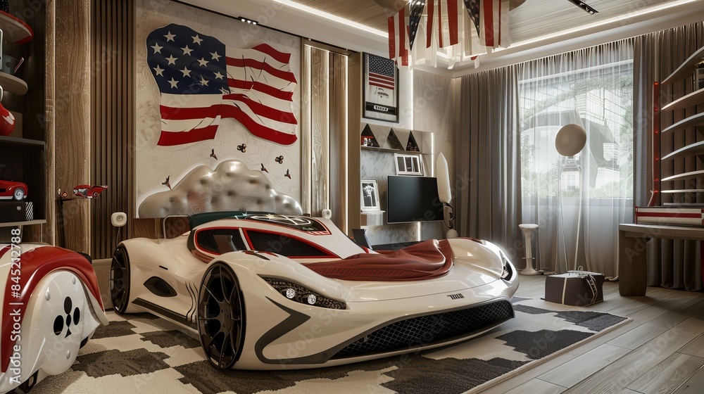 Obraz premium Elegant boy's bedroom featuring a car-shaped bed, USA flag decorations, modern and chic interior design, combining fun and sophistication