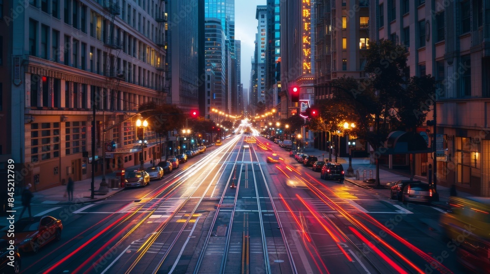 Naklejka premium Vibrant City Street at Night with Light Trails from Moving Cars and Illuminated Buildings in the Background