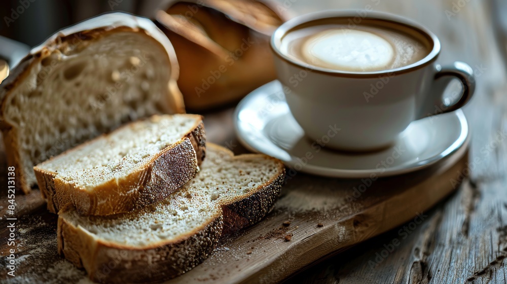 Freshly Sliced Artisan Bread with a Cup of Coffee on a Rustic Wooden Table in a Cozy Morning Setting Freshly Sliced Artisan Bread with a Cup of Coffee on a Rustic Wooden Table in a Cozy Morning Setting