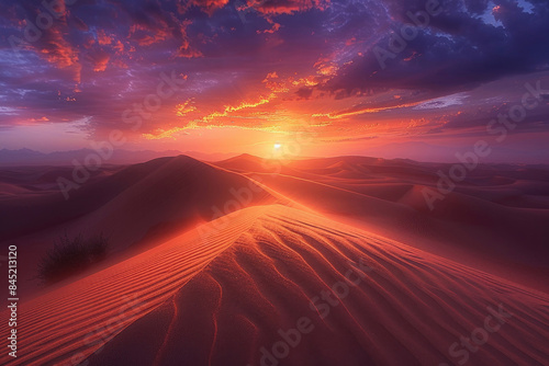 Dunes with rippling sand patterns and dramatic desert sky at sunset