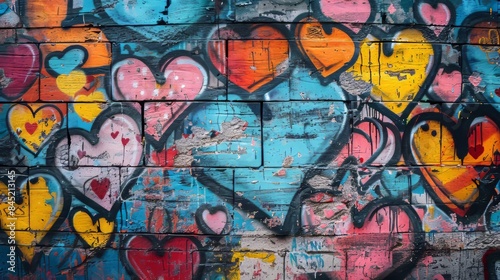 Wallpaper Mural Eclectic graffiti wall, featuring a mix of colors, love-themed hearts, and unique shapes, creating a lively backdrop Torontodigital.ca