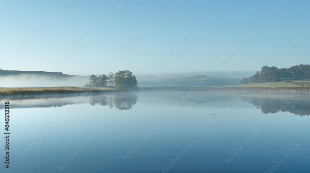 Fototapeta premium Early morning tranquility with a serene lake, the landscape mirrored perfectly, and a gentle mist hovering above