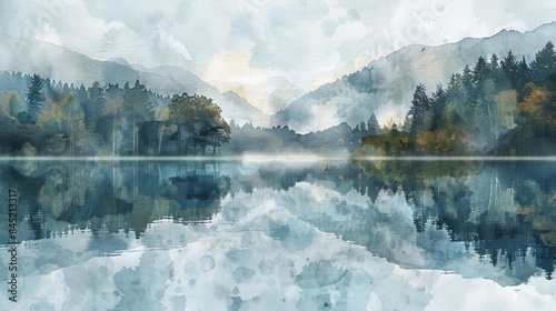 Early morning tranquility with a serene lake, the landscape mirrored perfectly, and a gentle mist hovering above photo