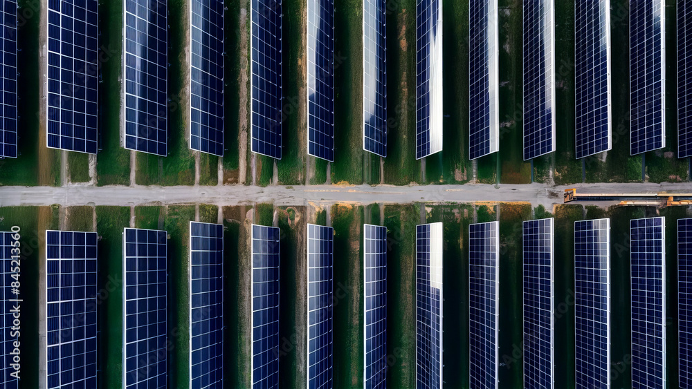 Obraz premium Bird-eye view of solar farm or solar park mega project drone view green energy 