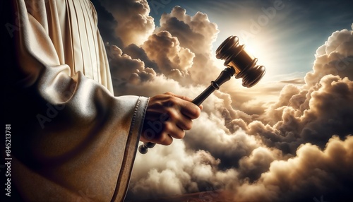 Judge's Hand Holding Gavel in Dramatic Sky - Concept of Justice and Divinity photo