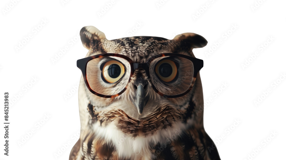Fototapeta premium Owl with glasses on white isolated transparent background
