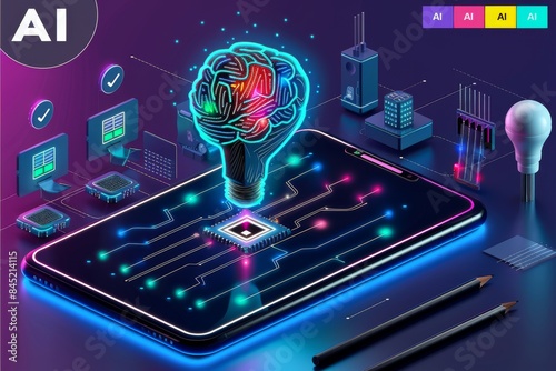 Digital tablet with glowing AI brain interface, high tech illustration, vibrant colors, futuristic technology concept photo