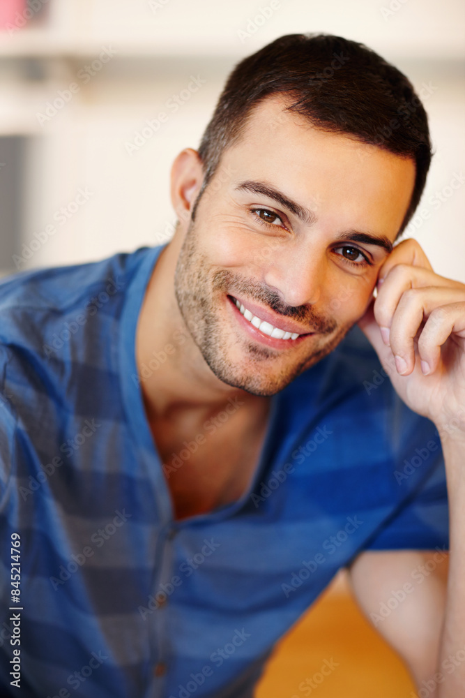 Obraz premium Portrait, smile and man thinking with happiness in home for weekend, relax and break or peace. Male person, calm and pride in living room for morning, memory and dream or remember in lounge.