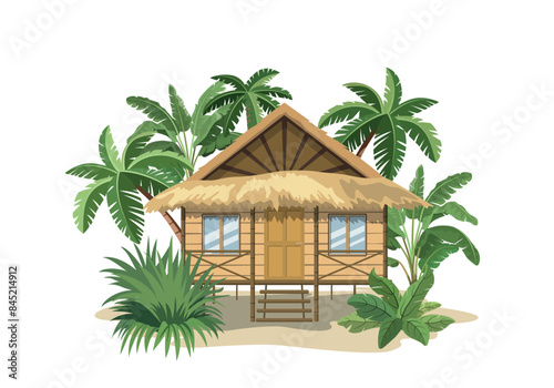 Vector illustration of bungalow in jungle. Summer landscape, vacation concept in flat style. Isolated on white background