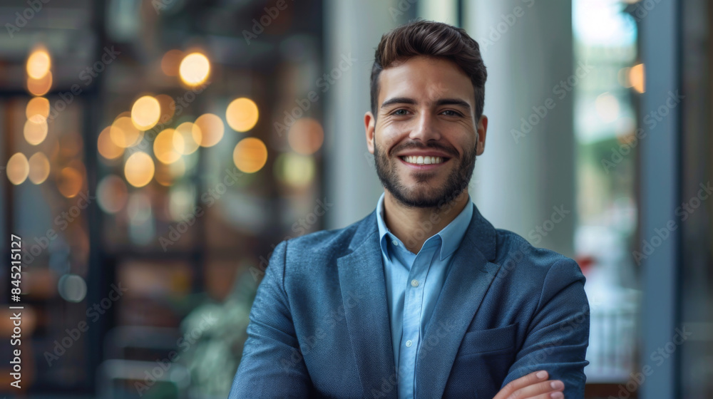 A confident businessman in a suit smiling warmly while standing outdoors with blurred lights in the background. A confident businessman in a suit smiling warmly while standing outdoors with blurred lights in the background.