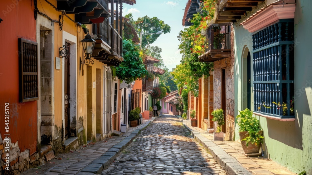 Fototapeta premium Charming Cobblestone Street with Colorful Colonial Houses and Lush Greenery on a Sunny Day