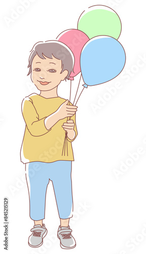 風船を持った笑顔の子供の立ちイラスト