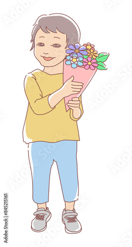 花束を持った笑顔の子供の立ちイラスト
