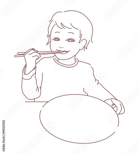 笑顔でお箸を使って食事をする子供と丸いお皿のシンプルな線画イラスト
