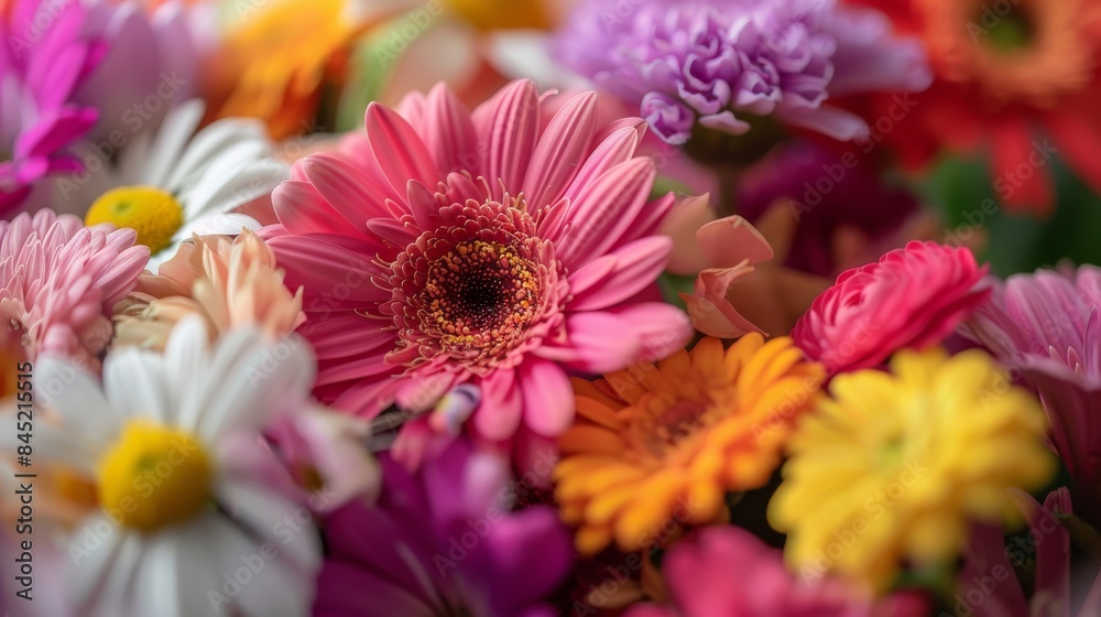 Vibrant Close-Up of Colorful Flowers in Full Bloom Showcasing a Variety of Petals and Hues Including Pink, Yellow, Red, and White Daisies and Gerbera Daisies, Perfect for Floral and Nature-Themed Vibrant Close-Up of Colorful Flowers in Full Bloom Showcasing a Variety of Petals and Hues Including Pink, Yellow, Red, and White Daisies and Gerbera Daisies, Perfect for Floral and Nature-Themed