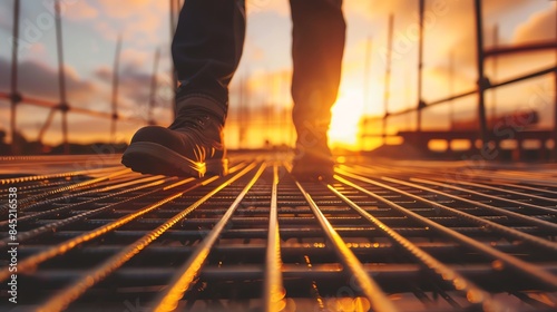 Close up of worker walking on steel grating, construction site sunset, low angle view, construction concept photography