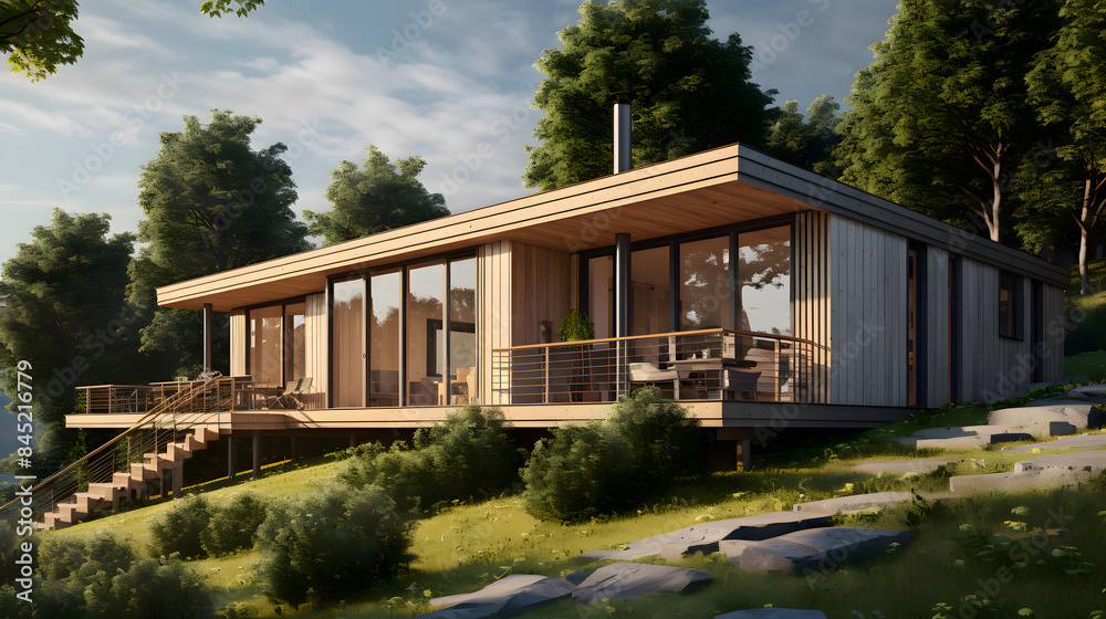 Modern house exterior with garden and field Modern house exterior with garden and field