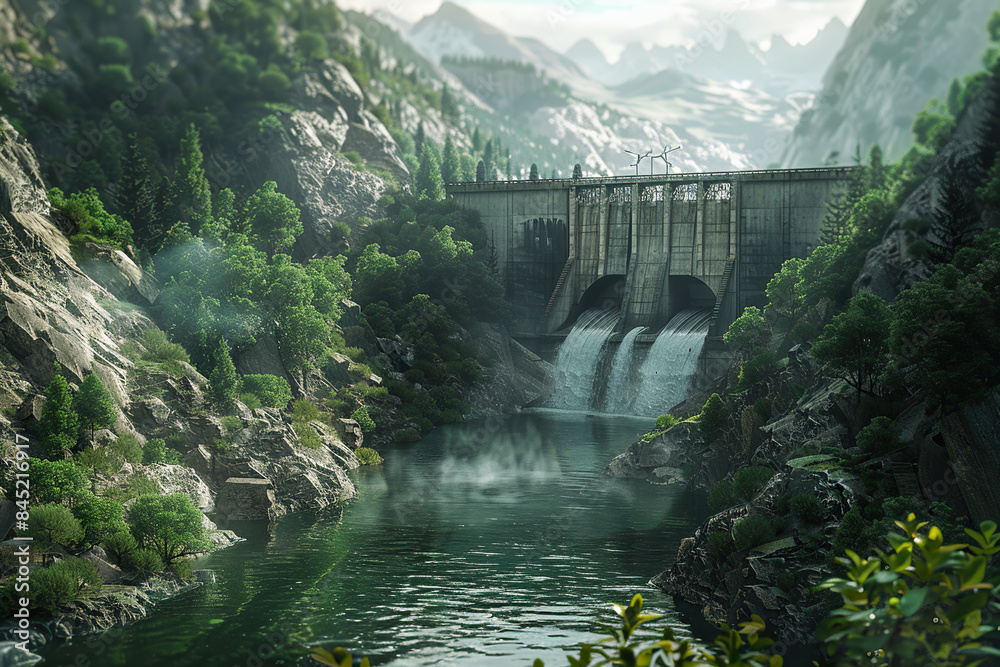 Generative ai on theme of hydroelectric power energy plant with large turbines and water spills Generative ai on theme of hydroelectric power energy plant with large turbines and water spills