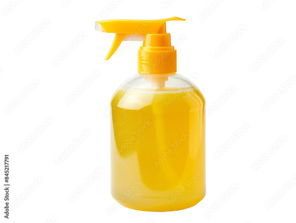 A yellow plastic bottle with a spray nozzle, filled with a clear yellow liquid. isolated white background, transparent background.