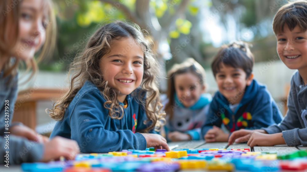 Group of happy children playing with colorful educational toys outdoors, enjoying a sunny day and learning through play. Group of happy children playing with colorful educational toys outdoors, enjoying a sunny day and learning through play.