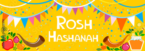 Rosh hashanah (jewish New Year holiday) concept. Traditional symbols. Template for postcard or invitation card, poster, banner. Horizont banner. Greeting, invitation card or flyer. Vector illustration