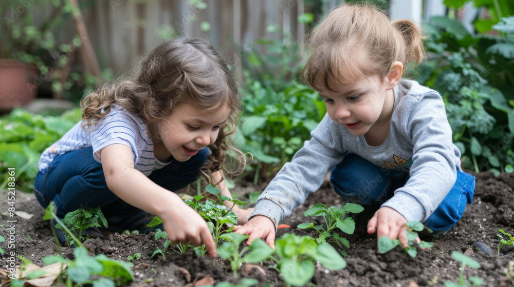 Two young children excitedly planting seedlings in a garden, engaging in outdoor gardening activities and learning about nature.
