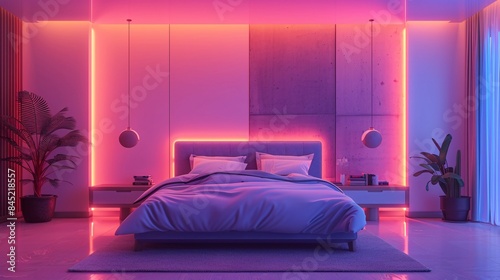 Contemporary bedroom with fluorescent lights, dark walls, and a spacious bed.