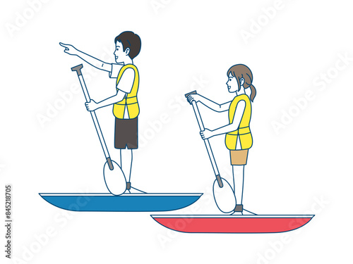 SUP　サップを楽しむ若いカップルのイラスト