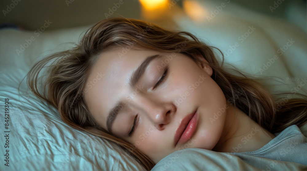 Close up of person laying in bed with their eyes closed. Close up of person laying in bed with their eyes closed.